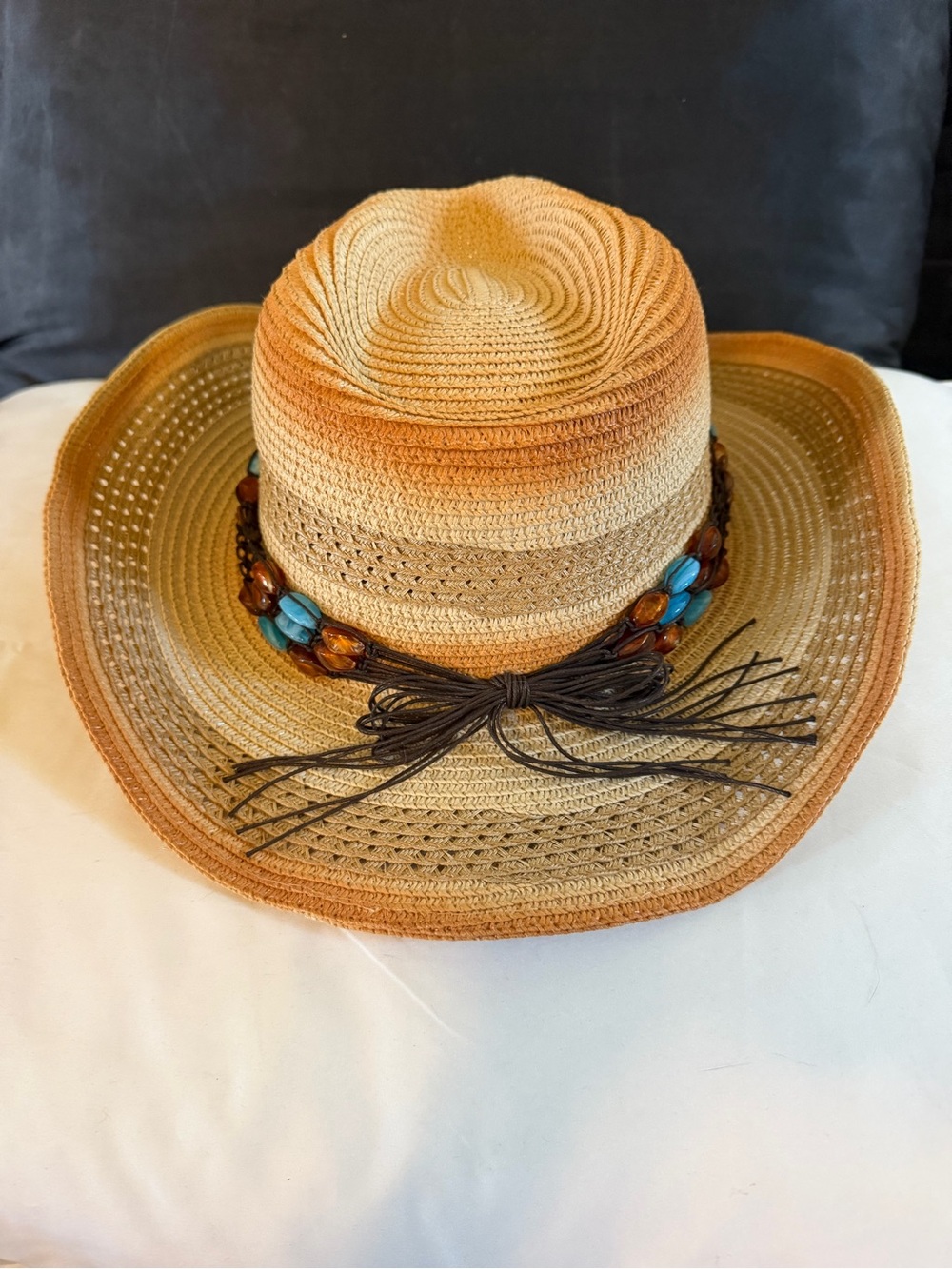 NWOT Western Hat w/Turquoise Amber Colored Bead Band Adjustable Sweatband Sizing - Picture 2 of 3